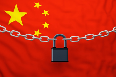 China flag closed chain with padlock. 3d renderingの写真素材