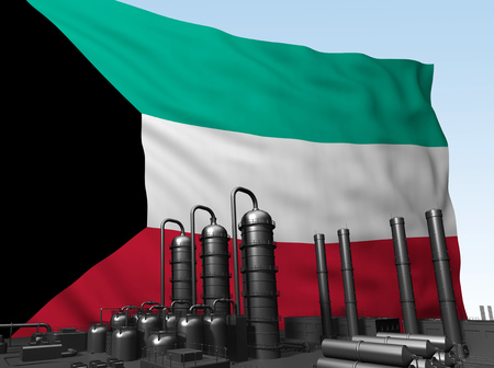 black factory in front of flag Kuwait. 3d renderingの写真素材