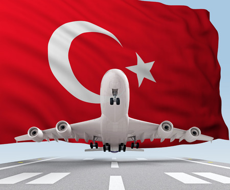 airplane takes off against backdrop Turkey flag. 3d renderingの写真素材