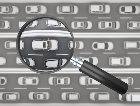 magnifier over row of roads filled with white cars top view. 3d renderingの写真素材