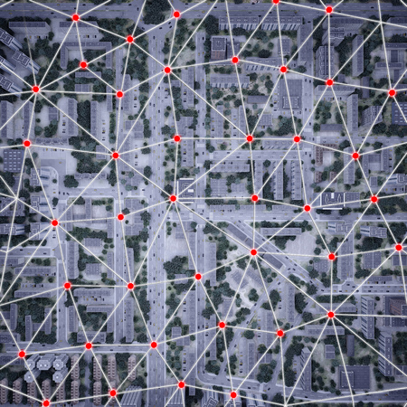 polygonal network over city top view. 3d renderingの写真素材