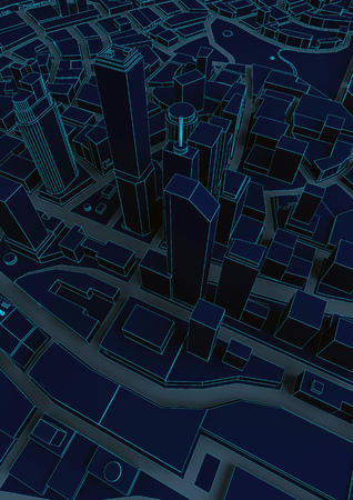 black abstract low poly city with blue lines. 3d rendering