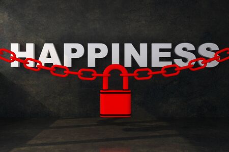 word happiness in dungeon locked with chain. 3d renderingの写真素材