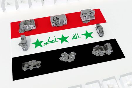 destroyed buildings on flag of country Iraq