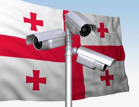 group of video cameras on background of flag of Georgia. 3d renderingの写真素材
