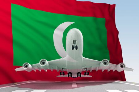 airplane taking off against the background of the flag Maldives. 3d renderingの写真素材
