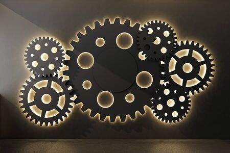 background with black gears on wall. 3d rendering