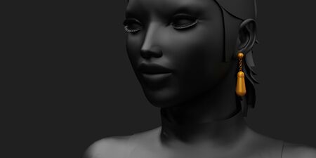 portrait of abstract black woman with gold earring in her ear. 3d renderingの写真素材