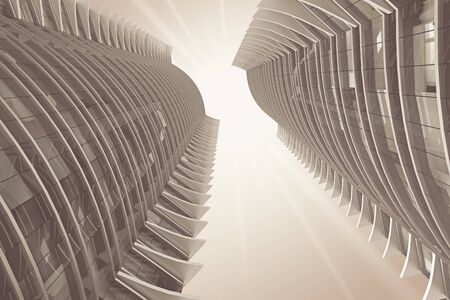 two identical skyscrapers in Gray tint bottom view. 3d rendering