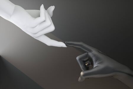 white hand touches finger on black hand. 3d renderingの写真素材