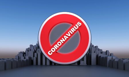 prohibition sign with text coronavirus in gray abstract city. 3d renderingの写真素材