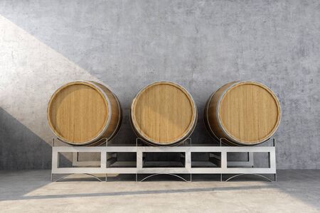 three wooden barrels in the basement. 3d renderingの写真素材