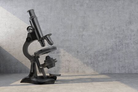 old retro microscope illuminated by ray of light. 3d rendering