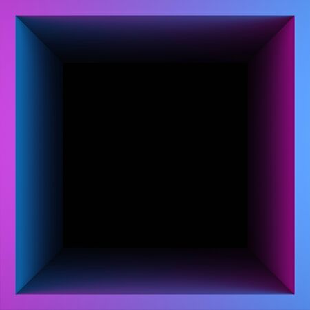square frame in a pink-blue gradient protruding from the dark. 3d rendering