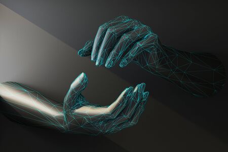 gesture with two black wireframe hands holding an invisible. 3d renderingの写真素材