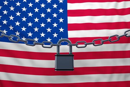 USA flag closed chain with padlock. 3d renderingの写真素材