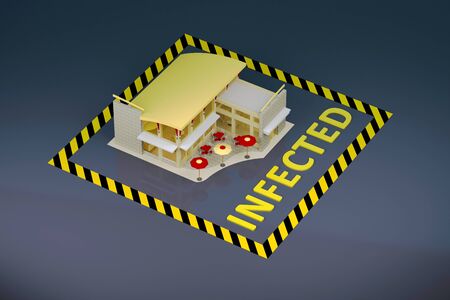 roofless fast food cafe building with danger tape around. 3d rendering