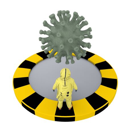 human in chemical protective suit with coronavirus bacterium. 3d renderingの写真素材