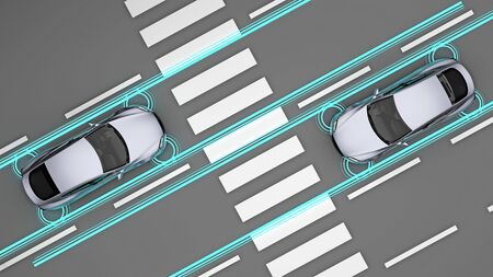 cars with sensors in front of pedestrian crossing top view. 3d renderingの写真素材