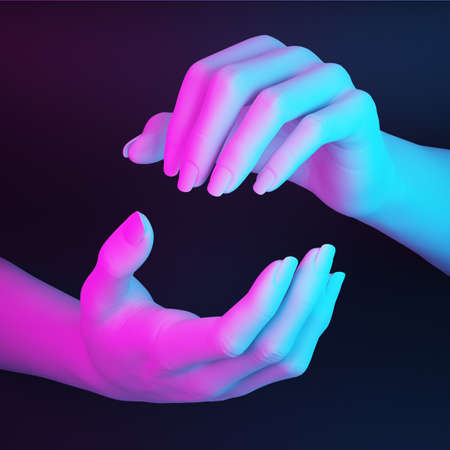 gesture with two white hands holding an invisible in pink blue light. 3d rendering