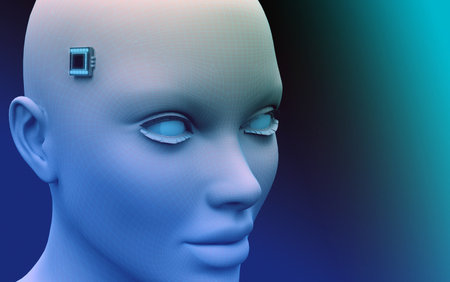 head of woman with an electronic chip on her temples. 3d renderingの写真素材