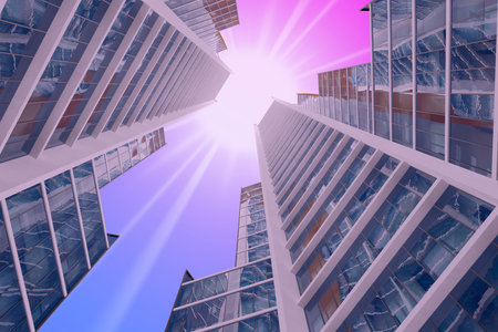 two identical skyscrapers in pink tint bottom view. 3d rendering