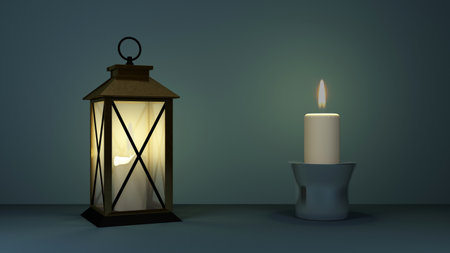 old lamp with a candle inside and outside. 3d renderingの写真素材