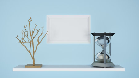 shelf with hourglass and picture frame. 3d rendering
