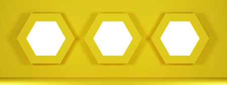yellow wall with three hexagonal cells. 3d renderingの写真素材