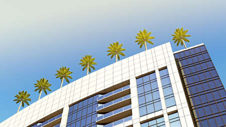 bottom view of the corner of a building with palm trees on the roof. 3d rendering
