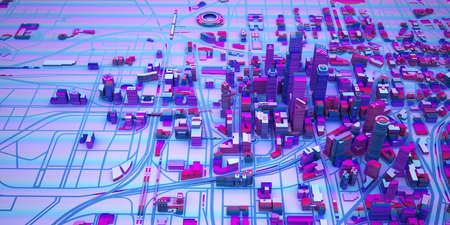 abstact city in cyberpunk colors above view. 3d rendering