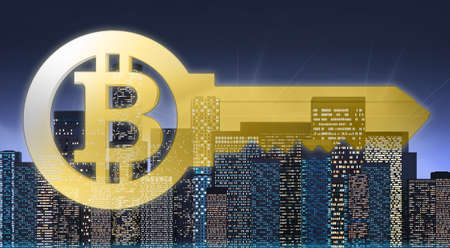 gold key with bitcoin sign on panorama of colored skyscrapers at night. 3d renderingの写真素材