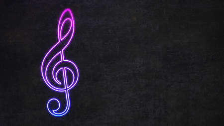 neon treble clef on black concrete wall with copy space. 3d renderingの写真素材