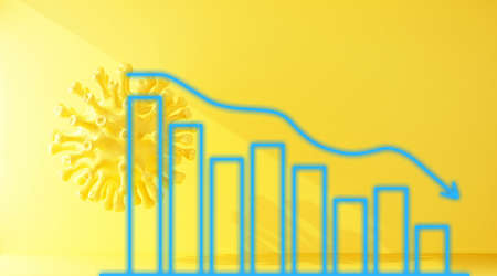 yellow coronavirus bacteria chart shows decline. 3d illustrationの写真素材