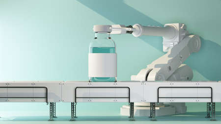 robot arm puts on conveyor medical vaccine. 3d rendering