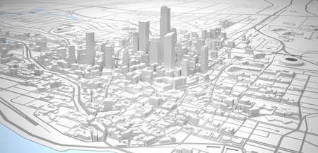 white low poly big modern downtown above view. 3d rendering