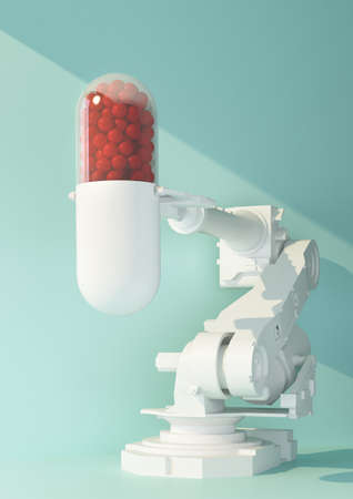 white robotic arm holding a pill with copy space. 3d renderingの写真素材