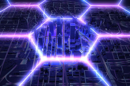 neon hexagon wire shape over dark city above view. 3d renderingの写真素材