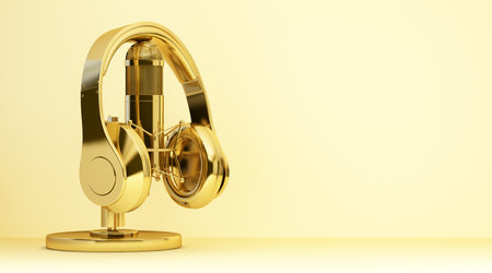 gold headphones and microphone with copy space. 3d renderingの写真素材