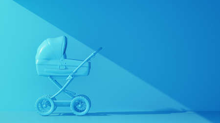 blue baby stroller side view on pink background. 3d renderingの写真素材