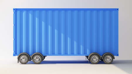 blue shipping container on wheels side view. 3d renderingの写真素材