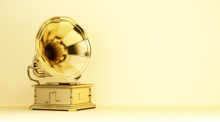 gold gramophone on yellow background. 3d reneringの写真素材