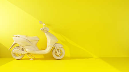 wooden scooter in beam of light side view. 3d renderingの写真素材