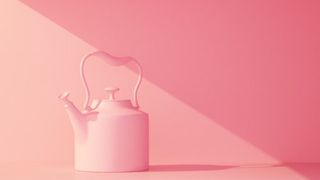 pink teapot in beam of light on yellow background. 3d renderingの写真素材