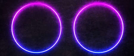 two neon rings on black wall. 3d renderingの写真素材