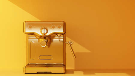 golden coffee machine on orange background. 3d renderingの写真素材
