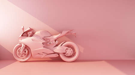 pink sports bike in beam of light side view. 3d rendering