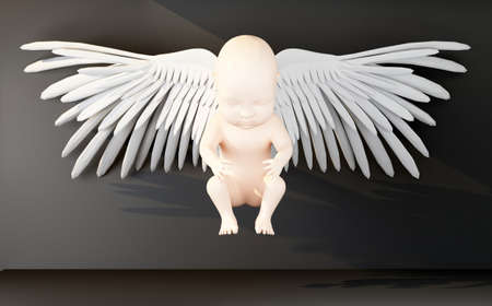 human newborn with wings in ray of light front view. 3d rendering