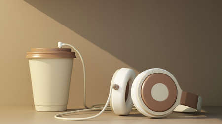 coffee cup mockup connected to headphones. 3d rendering