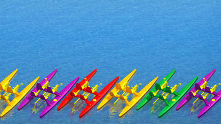 row of catamarans of different colors above view. 3d renderingの写真素材